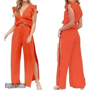 Beachy Set Women's Large Orange Ruffle Crop Top Wide Leg Split Side Pants Resort